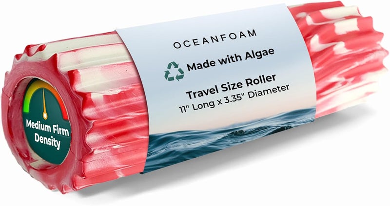 Oceanfoam Ripple Travel Foam Roller (11" x 3.35") Firm Mini Foam Roller for Physical Therapy, Deep Tissue Massage, Back Pain - High Density, Ergonomic Wave Textured - Yoga, Exercise (Red Marbled) - Image 1
